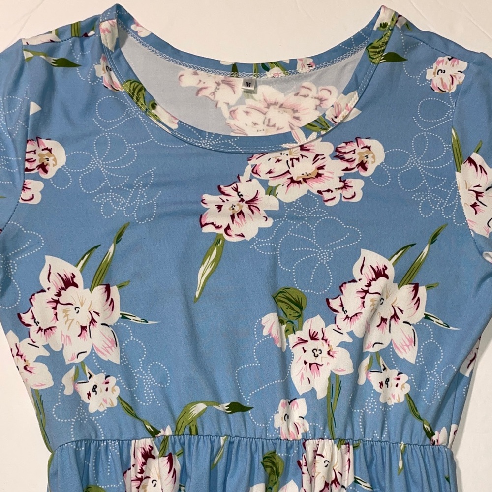 Light Blue Floral Maxi Dress with White & Pink Blooms